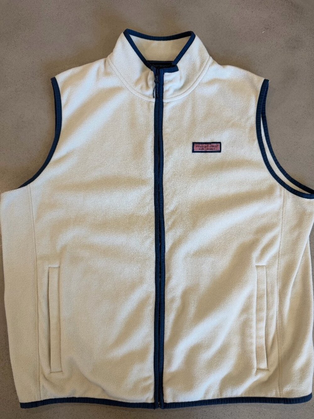 Vineyard Vines Fleece Full Zip Vest Cream Navy Size XL EUC